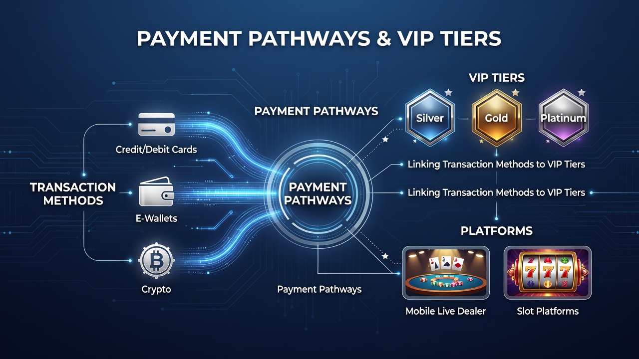 Infographic illustrating VIP tier progression connected to various payment methods on mobile casino apps